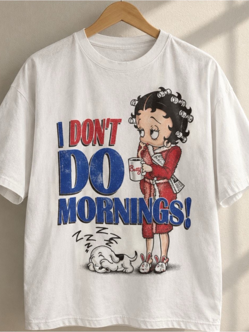 Gildan White Tee with Red & Blue 'I DON'T DO MORNINGS' Betty Boop Graphic